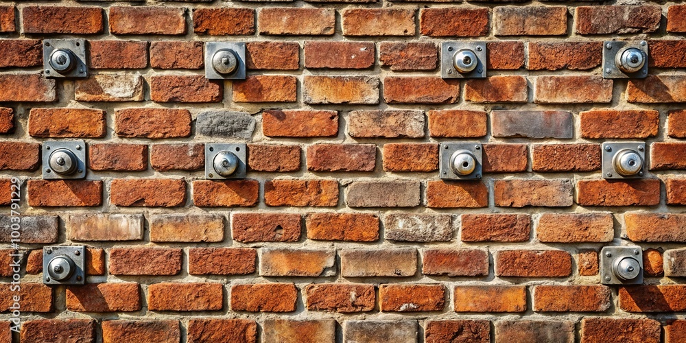 A symmetrical grid of circular metal fixtures set into a weathered brick wall, each with a slightly different hue and texture A symmetrical grid of circular metal fixtures set into a weathered brick wall, each with a slightly different hue and texture