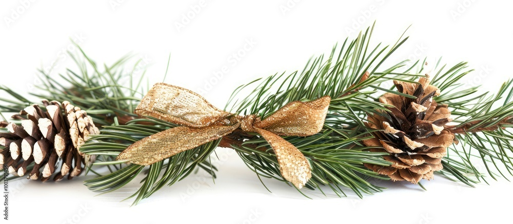 Naklejka premium Christmas decor featuring pine needles and a pinecone adorned with a gold ribbon set against a white background. Copy space image. Place for adding text and design