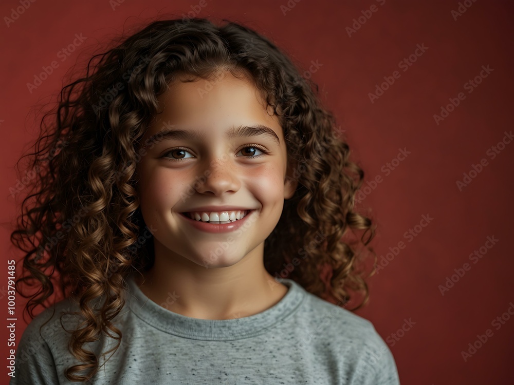 A young girl with curly hair smiles against a red background. A young girl with curly hair smiles against a red background.