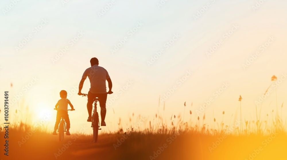 Father and son are riding bicycles in a field background. Silhouettes on sunset. Father and son are riding bicycles in a field background. Silhouettes on sunset.