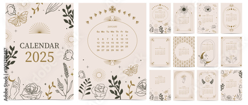 2025 table monthly calendar week start on Sunday with boho style that use for vertical digital and printable A4 A5 size