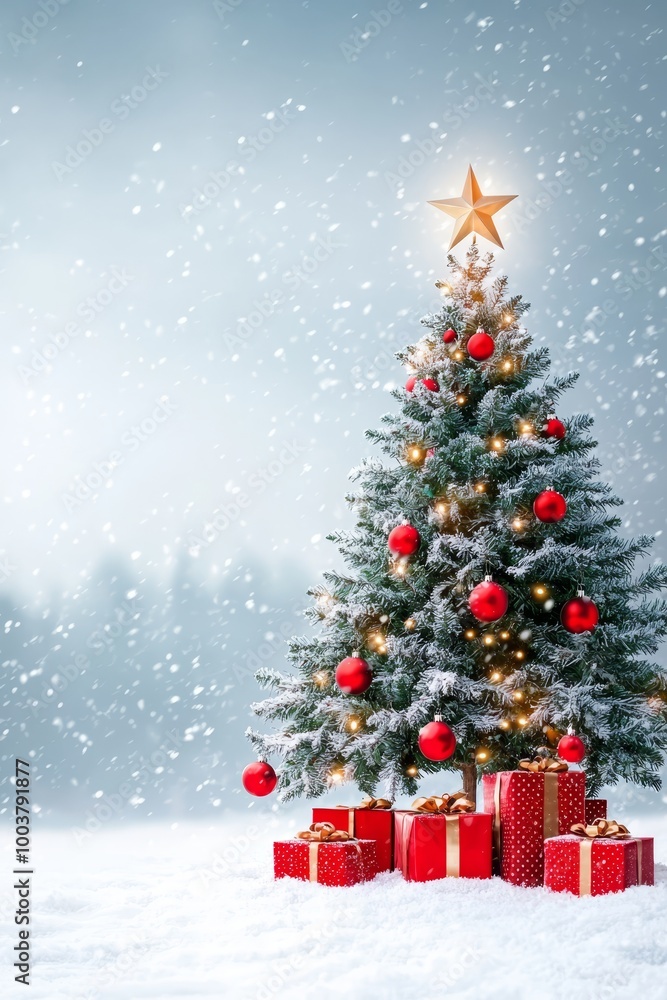 A Christmas tree, adorned with gifts beneath and crowned by a star atop, sits amidst a pristine snow-filled landscape A Christmas tree, adorned with gifts beneath and crowned by a star atop, sits amidst a pristine snow-filled landscape