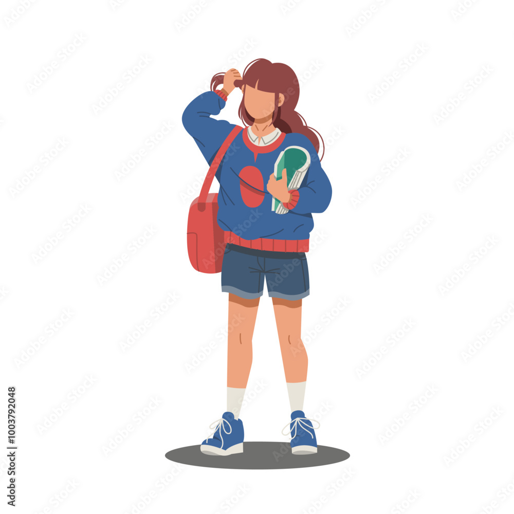 cute girl standing hold book and bag flat design illustration