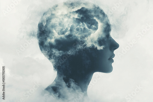 A silhouette of a person with a cloud-filled mind representing creativity and thoughts