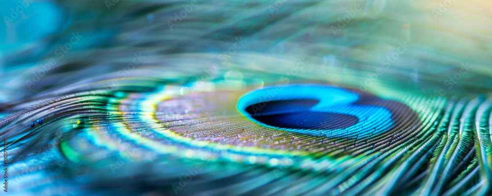 Naklejka premium Close-up of a peacock feather displaying vibrant colors and intricate patterns in natural light
