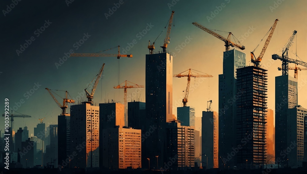 Abstract cityscape with construction cranes and buildings. Abstract cityscape with construction cranes and buildings.
