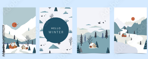 winter landscape background with mountain,tree.Editable vector illustration for postcard vertical size