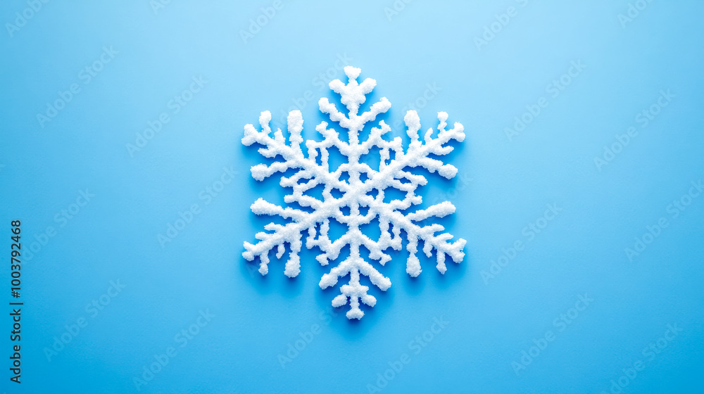 White glittery snowflake ornament lying on a blue background White glittery snowflake ornament lying on a blue background