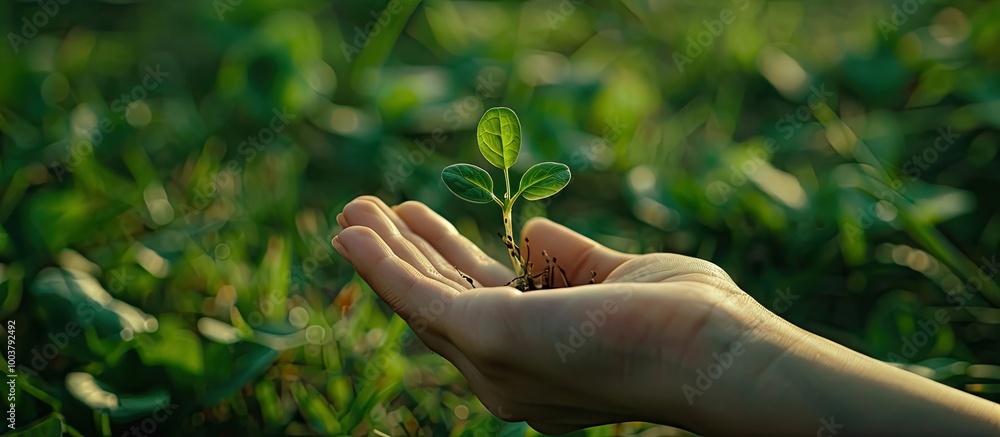A woman s hand holds a small sprout against a green grass background. Copy space image. Place for adding text and design