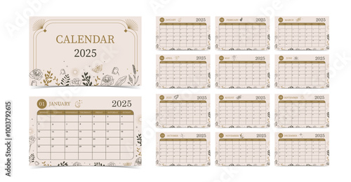 2025 table monthly calendar week start on Sunday with boho style for horizonral printable design