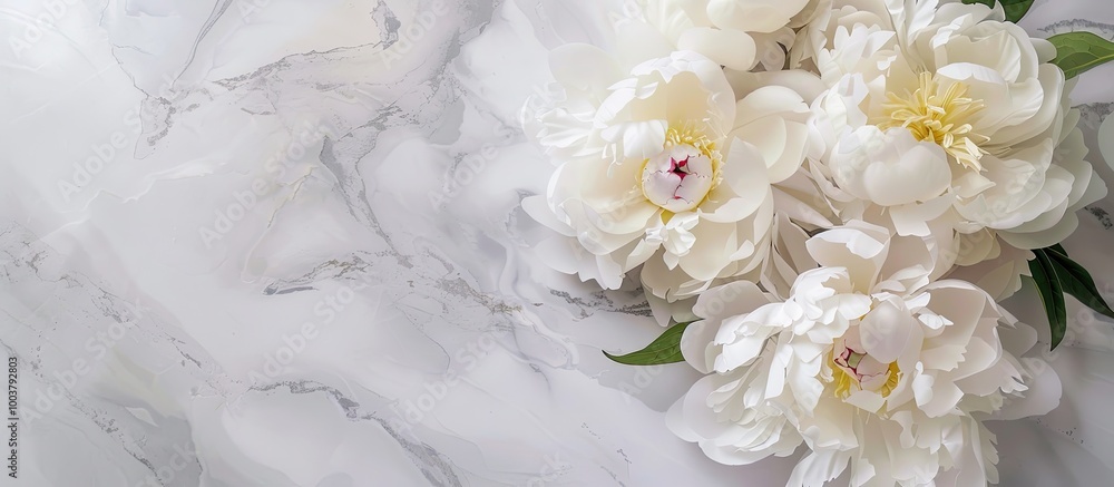 Top view of a bouquet of white peonies in craft paper on a grey tabletop with a clear area in the image for text or other elements. with copyspace image Top view of a bouquet of white peonies in craft paper on a grey tabletop with a clear area in the image for text or other elements. with copyspace image
