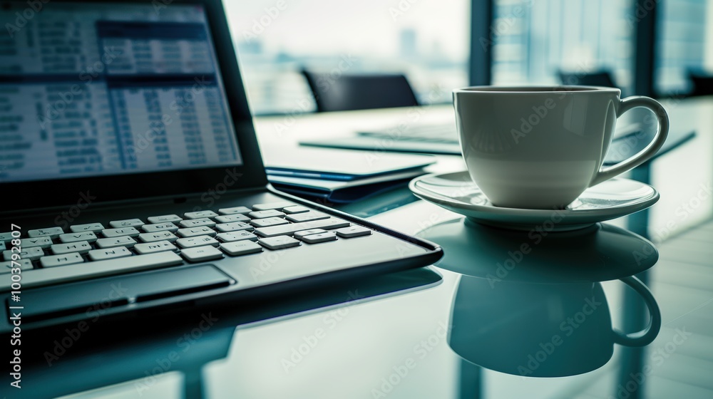 Fototapeta premium Coffee Break with Laptop in Modern Office Setting