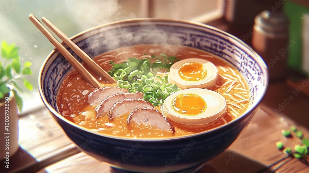 Delicious bowl of ramen with fresh toppings Delicious bowl of ramen with fresh toppings