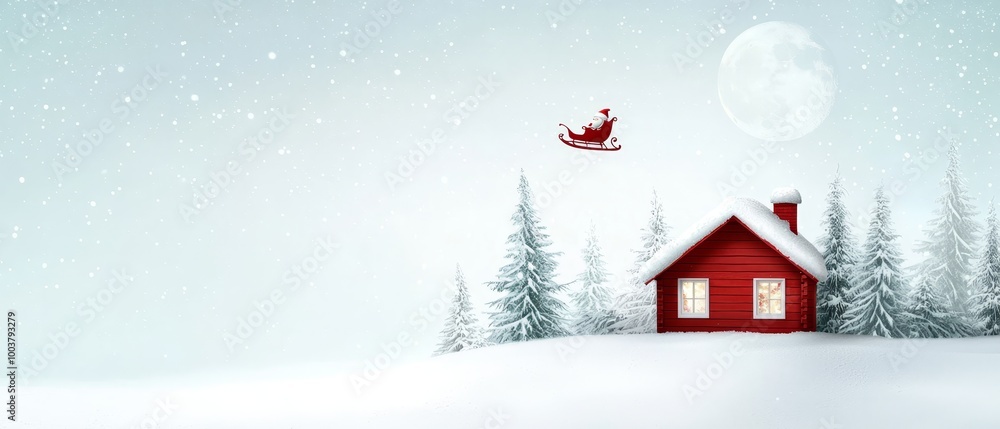 A red house in the snow with Santa's sleigh hovering above it and a figure riding high A red house in the snow with Santa's sleigh hovering above it and a figure riding high