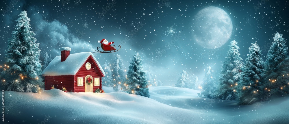 A red house beneath snow-covered trees Santa clad in red hovers above, sleigh in tow A red house beneath snow-covered trees Santa clad in red hovers above, sleigh in tow