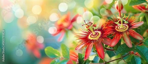 A vibrant Passiflora vitifolia Scarlet Flame Red Granadilla known as the perfumed passionflower is in full bloom in the garden set against a blurred background displaying its reddish orange flowers i photo