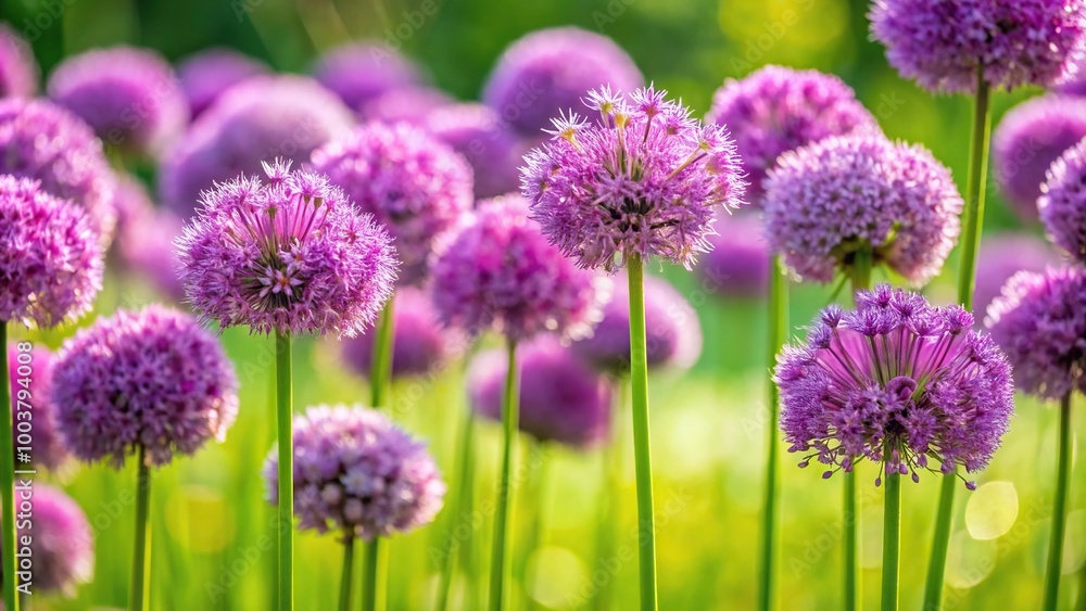 Lilac flowers Allium on background of green grass Lilac flowers Allium on background of green grass