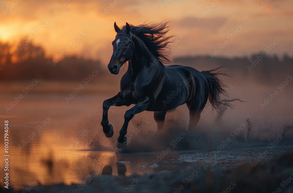 A majestic horse galloping through water at sunset, creating a spectacle of dust and splashes A majestic horse galloping through water at sunset, creating a spectacle of dust and splashes