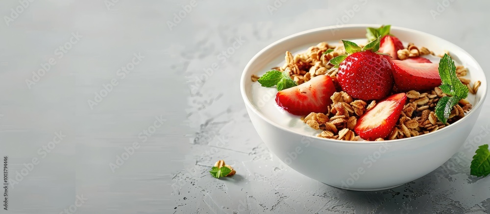 A healthy food option featuring homemade granola topped with fresh strawberries and mint presented in a copy space image A healthy food option featuring homemade granola topped with fresh strawberries and mint presented in a copy space image