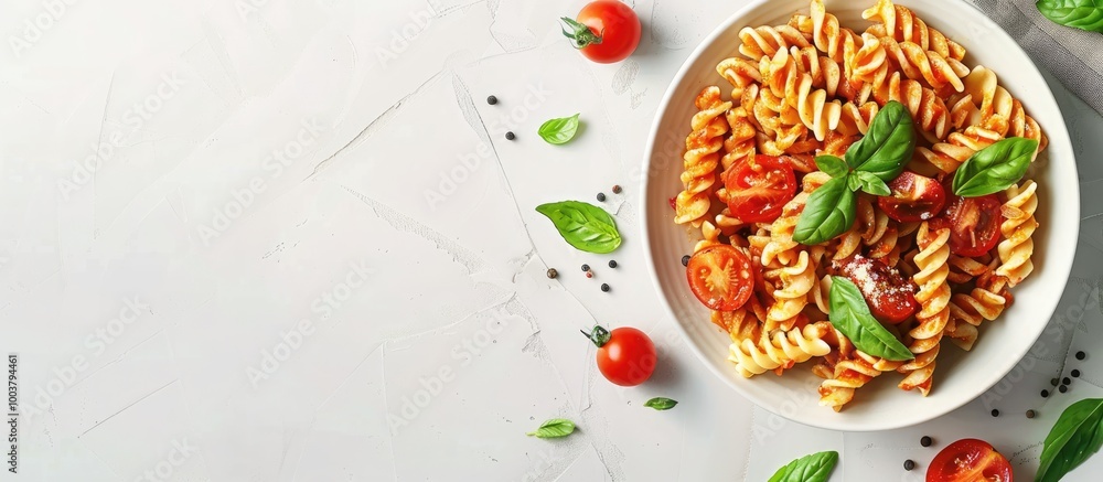 Top down view of delicious pasta adorned with tomato cheese and basil displayed on a white tiled surface with room for text alongside the image. with copyspace image Top down view of delicious pasta adorned with tomato cheese and basil displayed on a white tiled surface with room for text alongside the image. with copyspace image