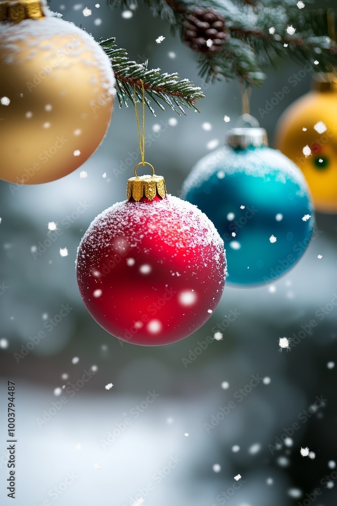 A pine tree adorned with Christmas ornaments in a snow-covered forest Branches dusted with snowflakes A pine tree adorned with Christmas ornaments in a snow-covered forest Branches dusted with snowflakes