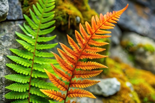 Limestone polypody fern with green fronds and orange sori on leaflets underside at eye level photo