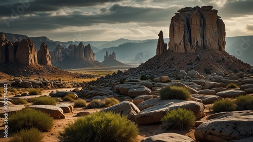 A panoramic view of a desert landscape with towering rock formations, sparse vegetation, and a cloudy sky.