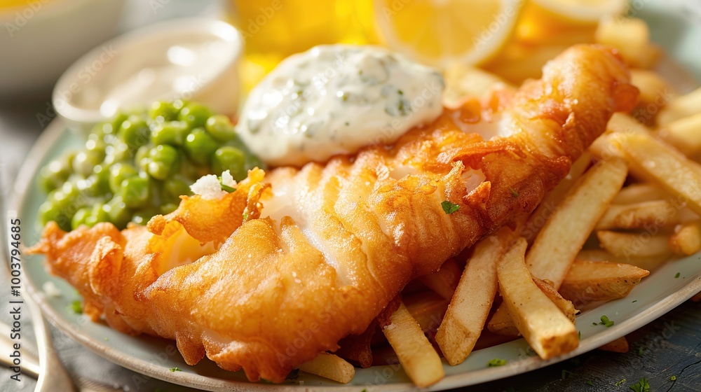 A mouth-watering image of crispy fish and chips served with tartar sauce and a side of mushy peas. A mouth-watering image of crispy fish and chips served with tartar sauce and a side of mushy peas.