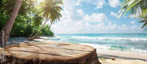 Fototapeta Naklejka Na Ścianę i Meble -  Tropical beach background with copy space image on an empty wooden tree stump table for products and objects