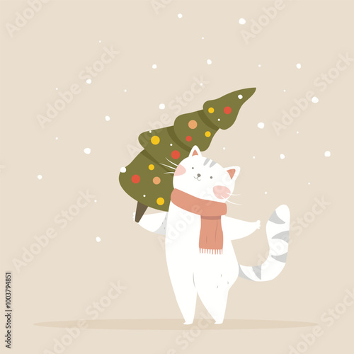 white Cat Carrying Christmas Tree and enjoys the snowfall. Vector illustration of cute cat holds a Christmas decoration. Merry christmas greeting card or poster.