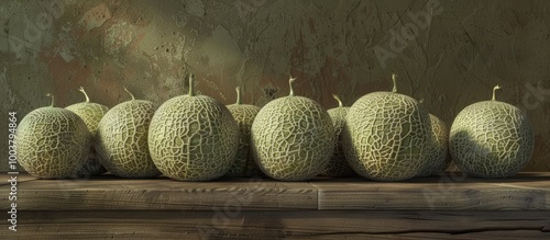 A grouping of cantaloupes with a textured netted skin in shades from beige to green displayed on a wooden surface with copy space image