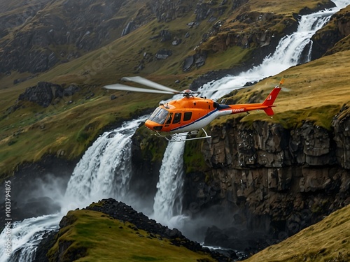 Airbus Helicopter H125 flying near Dynjandi waterfall, Iceland. photo