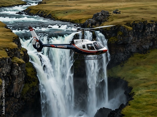 Airbus Helicopter H125 flying near Dynjandi waterfall, Iceland. photo