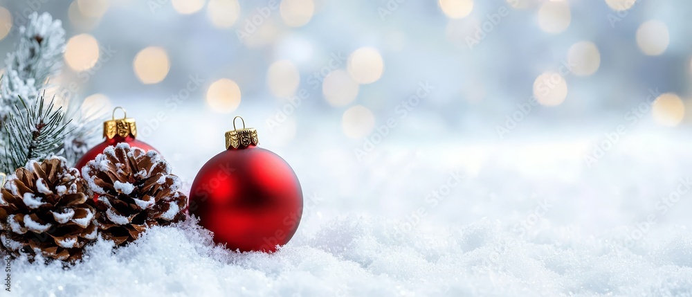A red ornament atop a pile of snow, next to a pine cone A red ornament atop a pile of snow, next to a pine cone