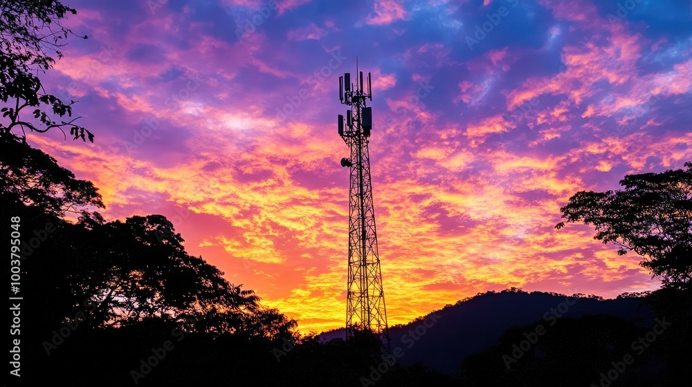 Naklejka premium Sunset Over Cell Tower Amid Colorful Sky