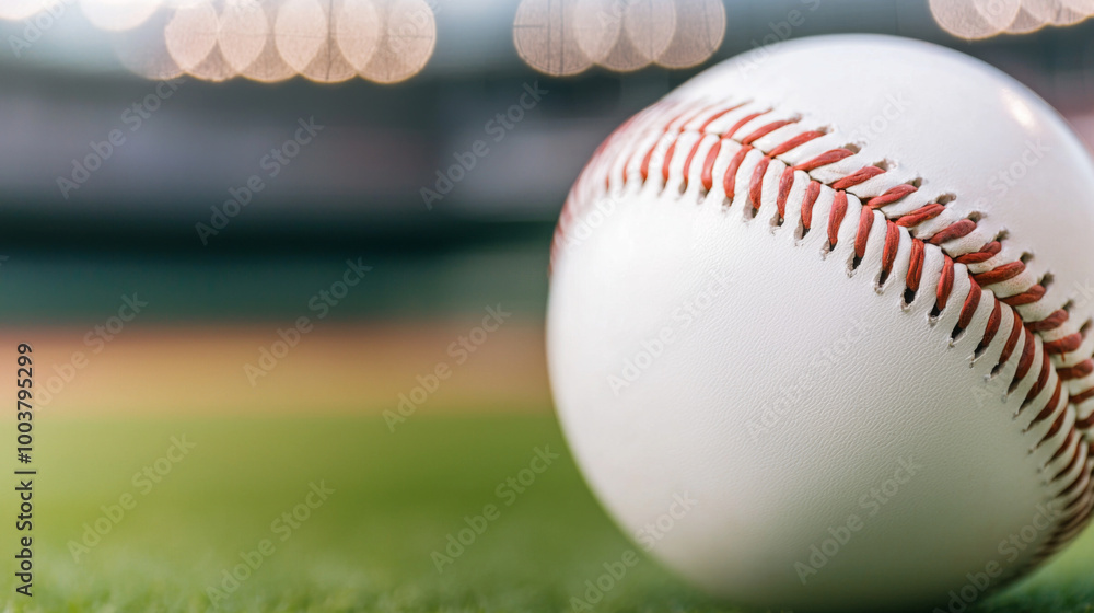 A close-up view of a baseball resting on the grass at a sports stadium during daytime A close-up view of a baseball resting on the grass at a sports stadium during daytime