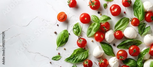 Tasty caprese salad featuring cherry tomatoes mini mozzarella balls and basil leaves embodying Italian cuisine with a hint of wellness in a banner with copy space image