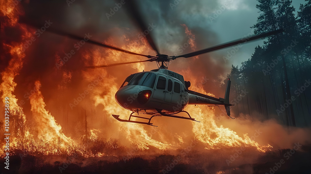 Helicopter Flying Over Forest Fire, Aerial View Helicopter Flying Over Forest Fire, Aerial View