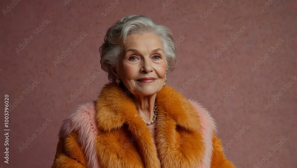 An elderly woman in an orange fur coat poses against a pink background. An elderly woman in an orange fur coat poses against a pink background.
