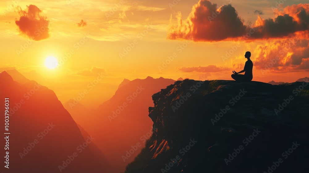 A serene sunset scene with a person meditating on a cliff, embracing tranquility. A serene sunset scene with a person meditating on a cliff, embracing tranquility.