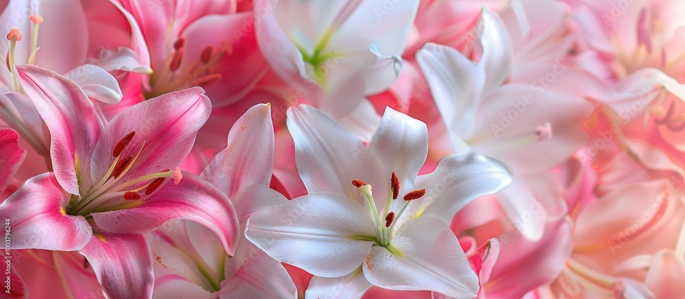 A vibrant close up image displaying pink and white lilies in full bloom highlighting their delicate petals with copy space image A vibrant close up image displaying pink and white lilies in full bloom highlighting their delicate petals with copy space image