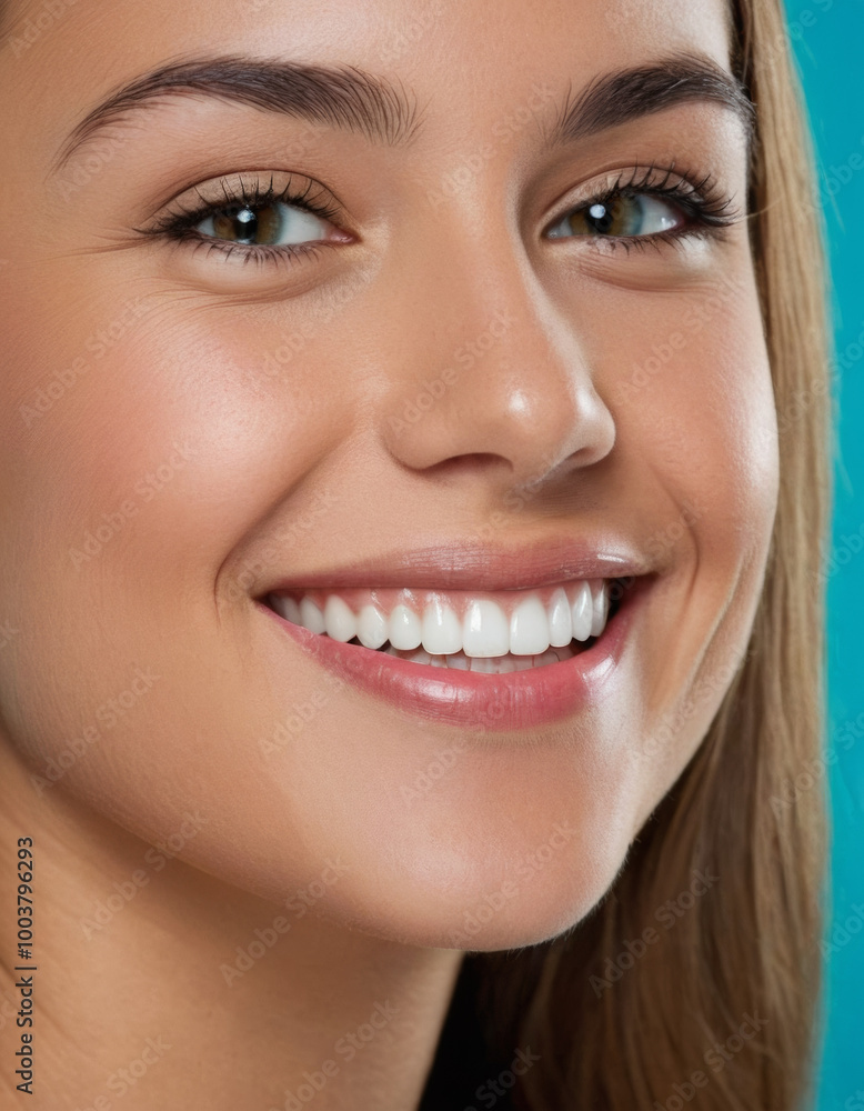 close-up profile shot of a young woman’s bright smile, showcasing her white teeth against a smooth, turquoise background, emphasizing dental hygiene and oral health close-up profile shot of a young woman’s bright smile, showcasing her white teeth against a smooth, turquoise background, emphasizing dental hygiene and oral health