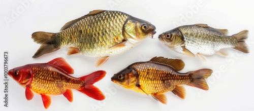 Copy space image of freshwater fish like perch crucian carp and sunfish on a white background offering space for text in a top view