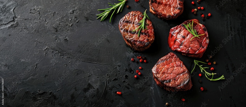 Top view of dry aged beef tenderloin fillet mignon raw steaks on a black background with copy space image Top view of dry aged beef tenderloin fillet mignon raw steaks on a black background with copy space image