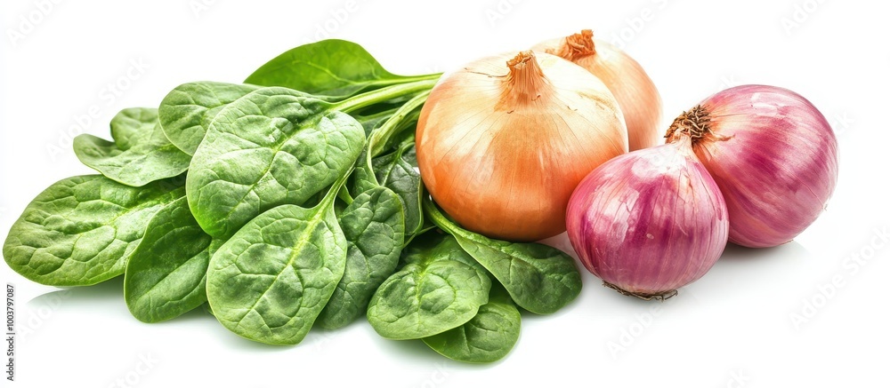 Fresh Spinach Leaves and Onions Isolated on White Background - Healthy Organic Vegetables for Cooking and Salads Fresh Spinach Leaves and Onions Isolated on White Background - Healthy Organic Vegetables for Cooking and Salads