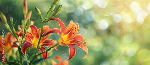 Detailed closeup of Hemerocallis day lily flowers in red and orange hues against a blurred green backdrop ideal for copy space image photo