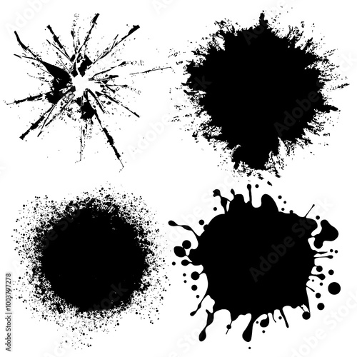 Black and White Ink Splashes Texture Vector Illustration Set. Hand Drawn Paint Drops Pencil Sketch on White Background. Abstract Brush Stroke Splatter Icon Design.