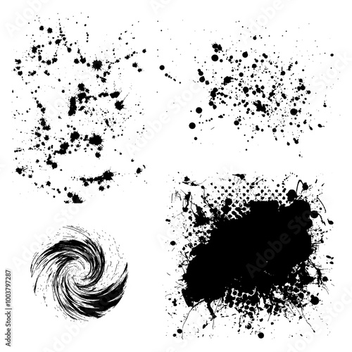 Black and White Ink Splashes Texture Vector Illustration Set. Hand Drawn Paint Drops Pencil Sketch on White Background. Abstract Brush Stroke Splatter Icon Design.