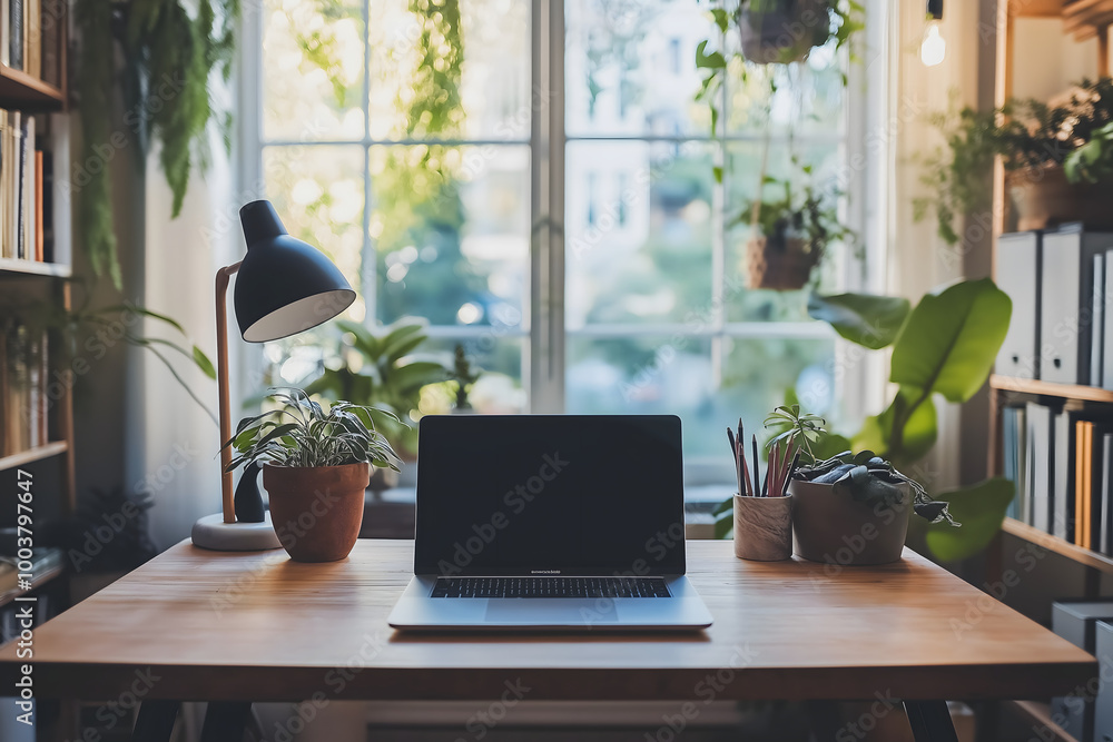 A stylish home office setup with a large window, natural light streaming in, a wooden desk, and a laptop surrounded by plants and books A stylish home office setup with a large window, natural light streaming in, a wooden desk, and a laptop surrounded by plants and books