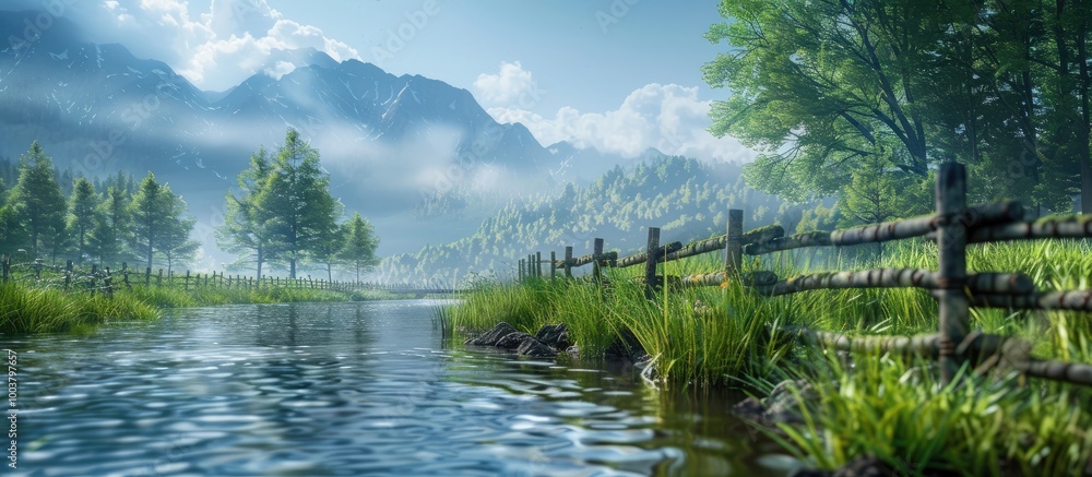 A riverbank with a fence provides a picturesque background for the copy space image A riverbank with a fence provides a picturesque background for the copy space image